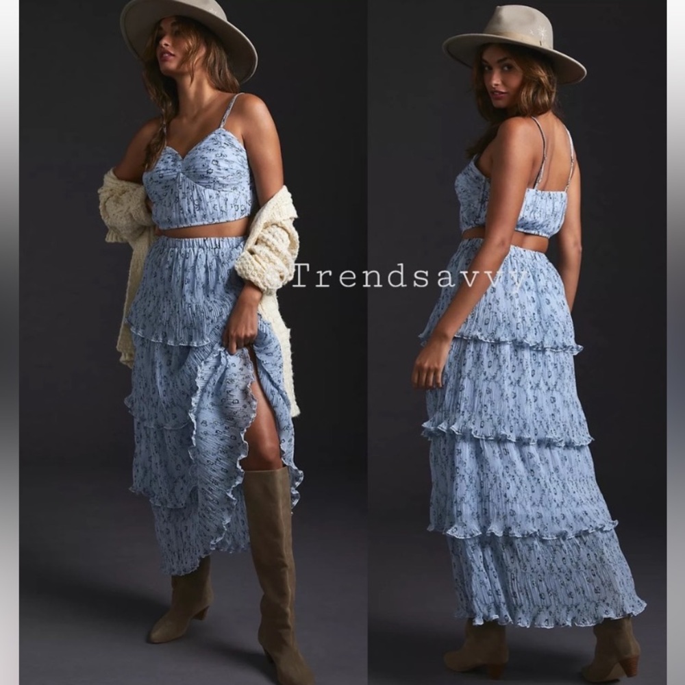ANTHROPOLOGIE Crop Top & Tiered Maxi Skirt Set Floral Blue Let Me Be Size M NWT